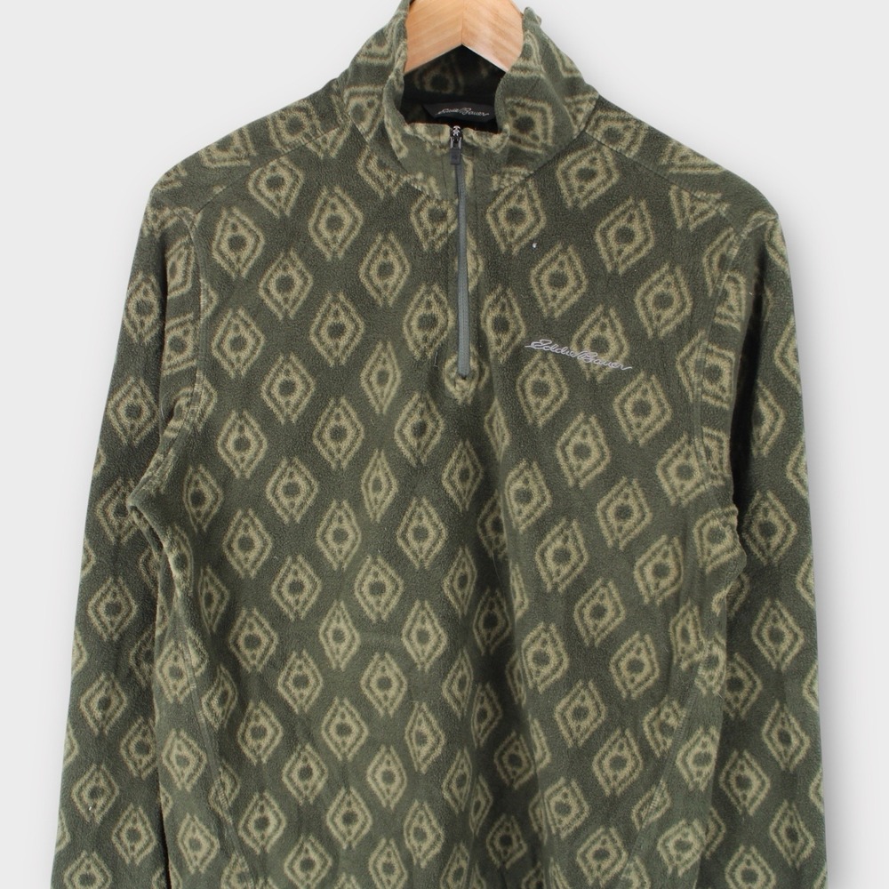 Eddie Bauer Men's Small Fleece Pullover Green Aztec Diamond Print Quarter Zip - Picture 2 of 4